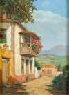 MANUEL LÓPEZ RUIZ , "Paisaje canario con alberca", Óleo sob