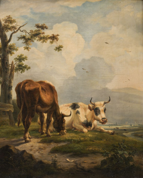 ESCUELA HOLANDESA, "Paisaje con vacas", Óleo sobre lienzo