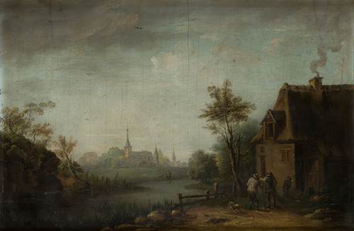 SEGUIDOR DE  TENIERS S.XIX, "Paisaje con personajes", Óleo 