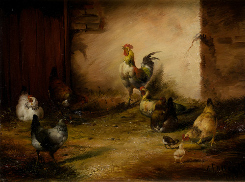 ANÓNIMO S.XIX/S.XX, "Gallinero", Óleo sobre tabla