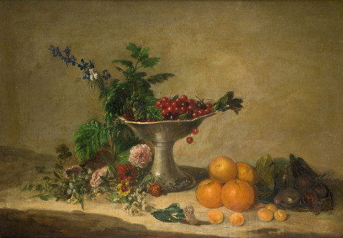 ANÓNIMO S. XIX, "Bodegón con frutas, porcelana y flores", Ó