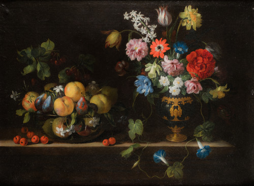 GIOVANNI STANCHI, "Naturaleza muerta con frutero y florero"