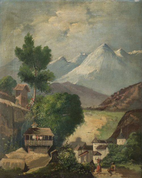 ANÓNIMO, "Paisaje montañoso con figuras", Óleo sobre lienzo