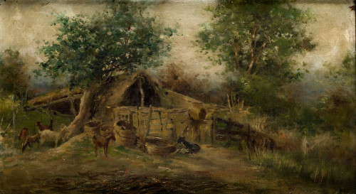 ESCUELA ESPAÑOLA S. XIX, "Paisaje con ganado", Óleo sobre t