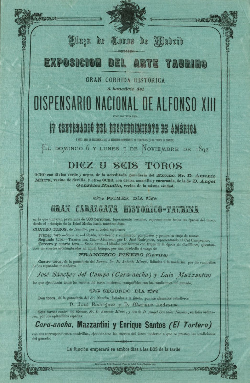 "Cartel de toros Exposicion", 1892, Impresion sobre tela