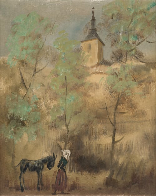 EDUARDO VICENTE, "Paisaje con burro, campesina e Iglesia" ,