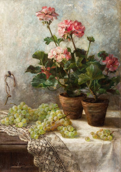 SEBASTIÁN  GESSA, "Tiestos de flores y uvas", Óleo sobre ca