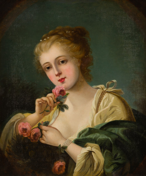 ESCUELA FRANCESA, "Retrato de dama con rosas", Óleo sobre l