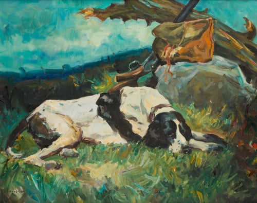 JOSEP SERRA SANTA, "Perro de caza", Óleo sobre lienzo