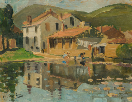 ESCUELA FRANCESA , "Paisaje con lavanderas", Óleo sobre car