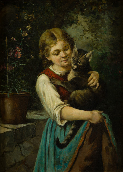 ESCUELA ESPAÑOLA S. XIX, "Niña jugando con un gato", Óleo s