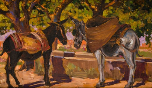 ESCUELA ESPAÑOLA, "Burros en el abrevadero", Óleo sobre tab