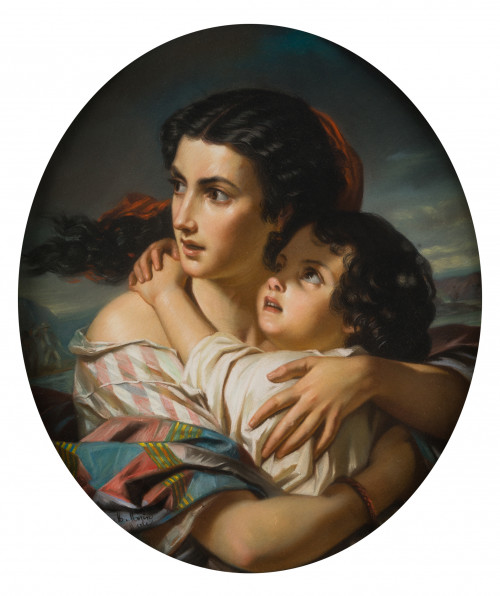 SEGUIDOR DE HUGUES  MERLE, "Madre e hijo", Gouache sobre ca