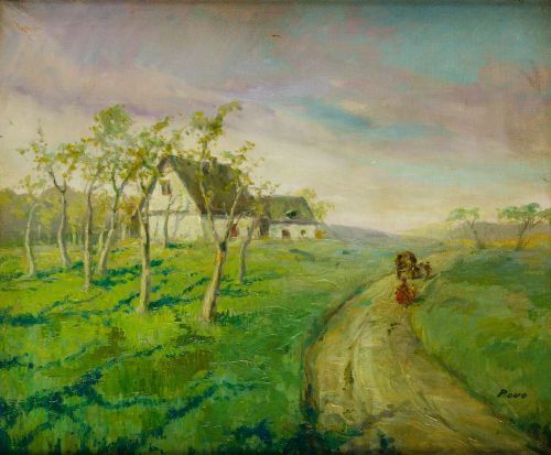 FRANCISCO POVO PEIRÓ, "Paisaje con barracas y labradores",