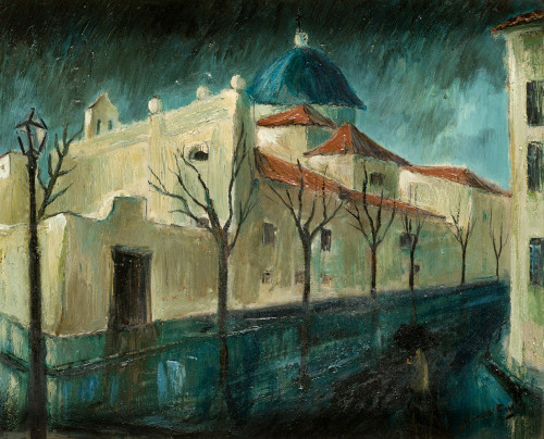 ESCUELA ESPAÑOLA S. XX, "Iglesia", Óleo sobre lienzo pegado