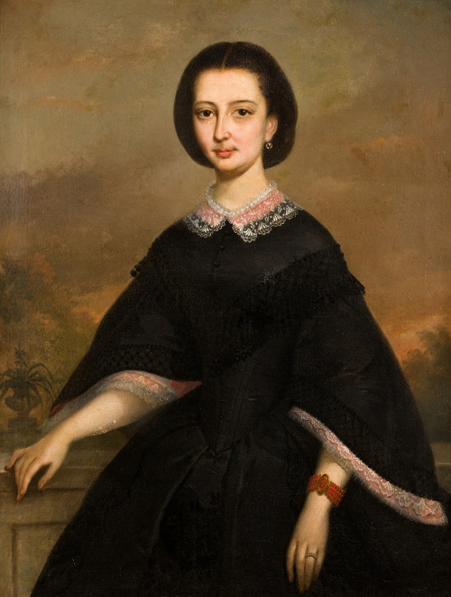 ESCUELA SEVILLANA S.XIX, "Retrato de dama en jardín", Óleo 