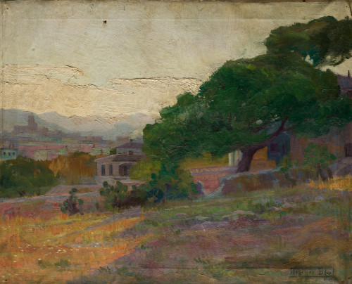 HIGINIO  BLAT, "Paisaje con pueblo y campo", 1917, Óleo sob