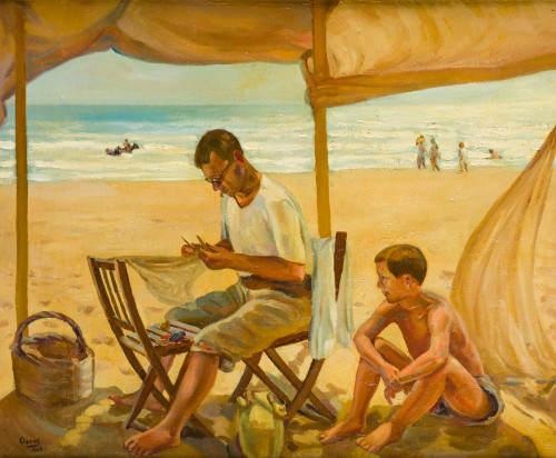 ALFREDO CLAROS 1893/1965, "Remendando la red", 1946, Óleo s