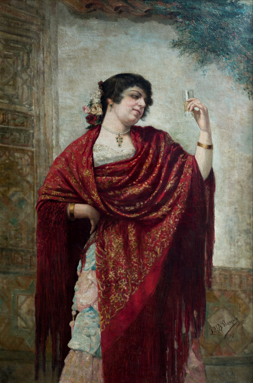 JOSE LLANECES, "Dama con mantón", 1884, Óleo sobre lienzo