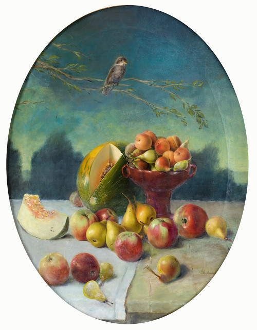 JOSE MARÍA MURILLO BRACHO, "Bodegón con frutas y gorrión", 