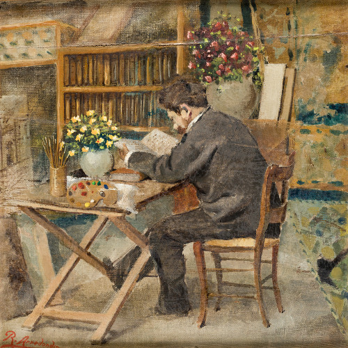 RICARDO ARREDONDO CALMACHE, "El estudio", Óleo sobre lienzo.