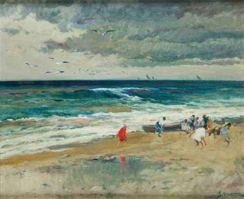 SEGUNDO MATILLA, "Pescadores en la playa", Óleo sobre lienz