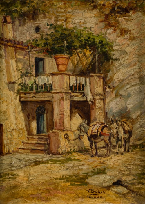 ESCUELA ESPAÑOLA, "Casa con burros", Óleo sobre cartón