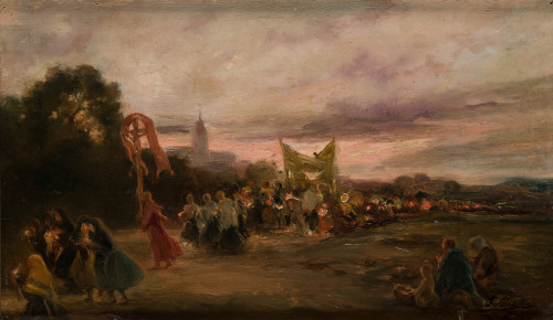 FRANCISCO PRADILLA Y ORTIZ, "Procesión en la aldea", Óleo s