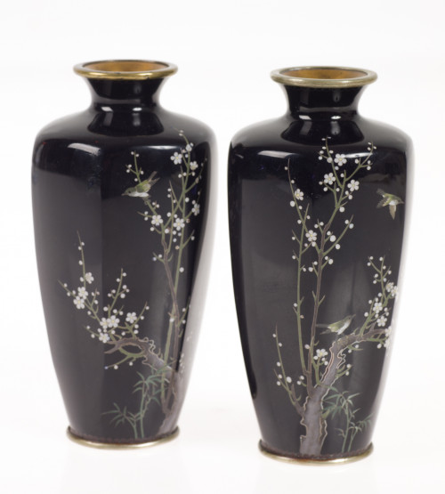 Pareja de pequeños jarrones de esmalte cloisonné, Japón, S.