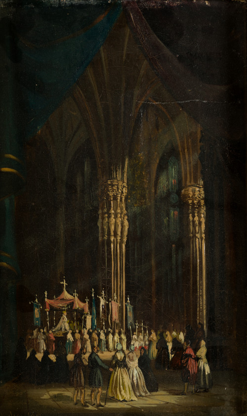 JULIÁN DEL OJO, "Interior de catedral", Óleo sobre lienzo