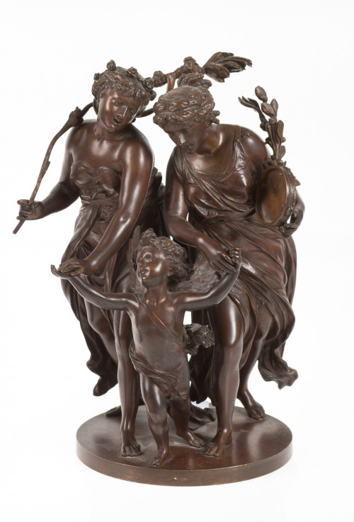 JEAN GOUT, "Cupido y dos ninfas", Escultura de bronce patin