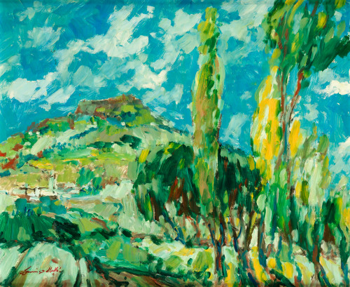 SANTIAGO ABELLÓ, "Paisaje con pueblo", Óleo sobre tablero