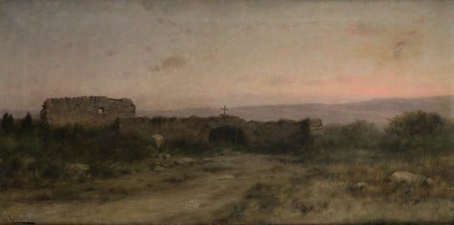 MODESTO URGELL E INGLADA, "Paisaje al atardecer", Óleo sobr