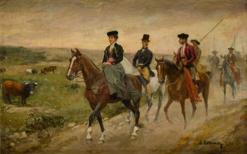 ENRIQUE ESTEBAN Y VICENTE, "Paseo por el campo", Óleo sobre