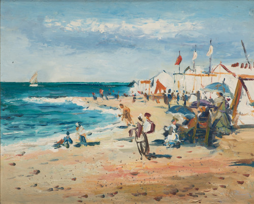 ANÓNIMO, "Escena de playa", Óleo sobre táblex