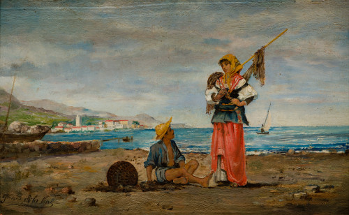 FRANCISCO GARCÍA DE LA CAL, "En la playa", Óleo sobre tabla