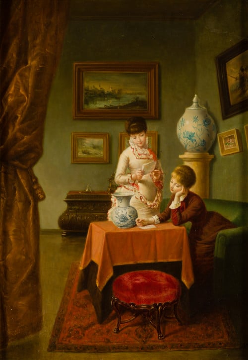 ALFRED ASHLEY, "Interior con dos jóvenes leyendo una carta"