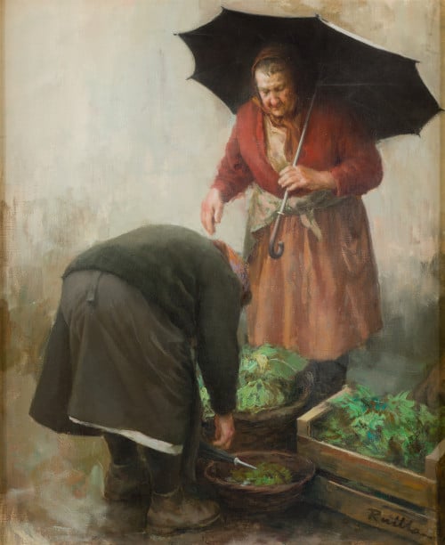 JUSTO REVILLA, "Vendedora de verduras bajo la lluvia", Óleo