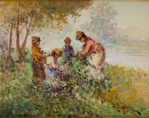 ANTONIO PECORARO, "Cogiendo flores en el campo", Óleo sobre