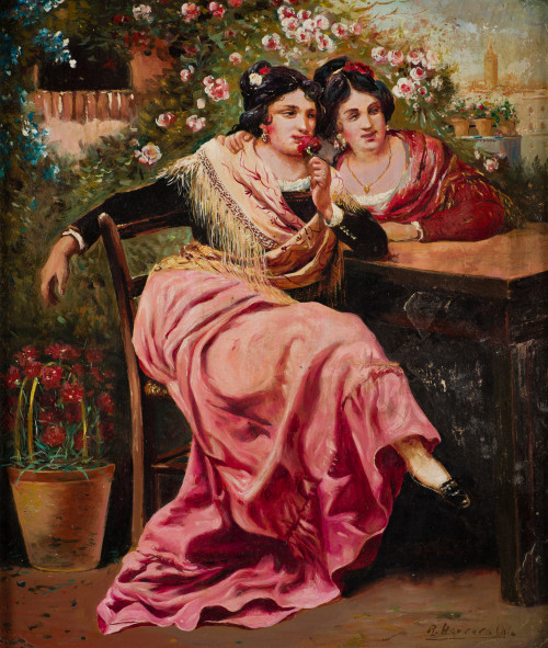 ESCUELA SEVILLANA , "Sevillanas en el jardín", Óleo sobre t