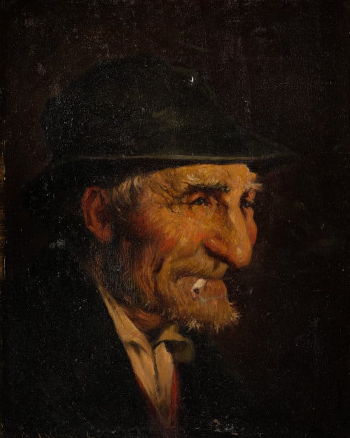 RAMON  ARREGUI, "Anciano fumando", Óleo sobre tabla