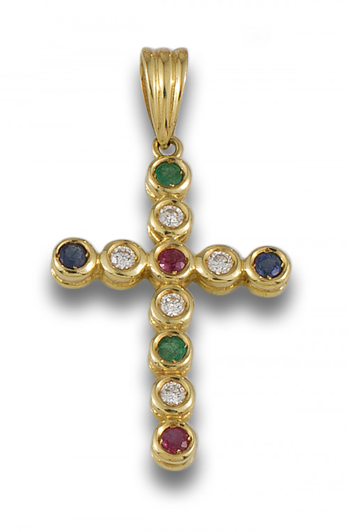 CRUZ DE ORO AMARILLO, DIAMANTES, ESMERALDAS, ZAFIROS Y RUBÍ