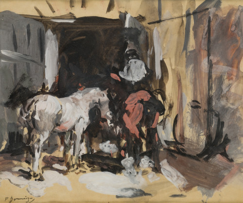 FRANCISCO DOMINGO Y MARQUÉS, "Patio de caballos", Gouache s