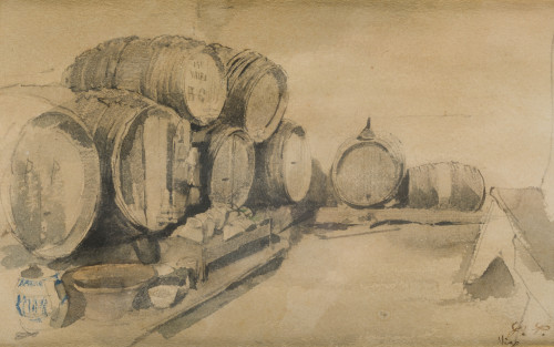 FRANCISCO PRADILLA Y ORTIZ, "Bodega. Vigo", Aguada gris sob