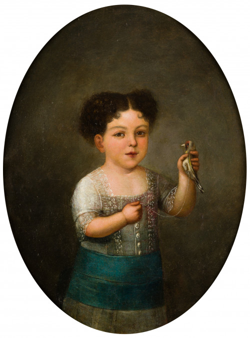 ESCUELA ESPAÑOLA, "Niño con pajarito", Óleo sobre lienzo