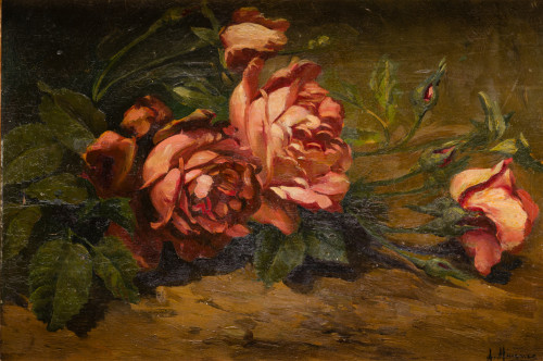 ESCUELA ESPAÑOLA, "Rosas", Pareja de óleos sobre tabla