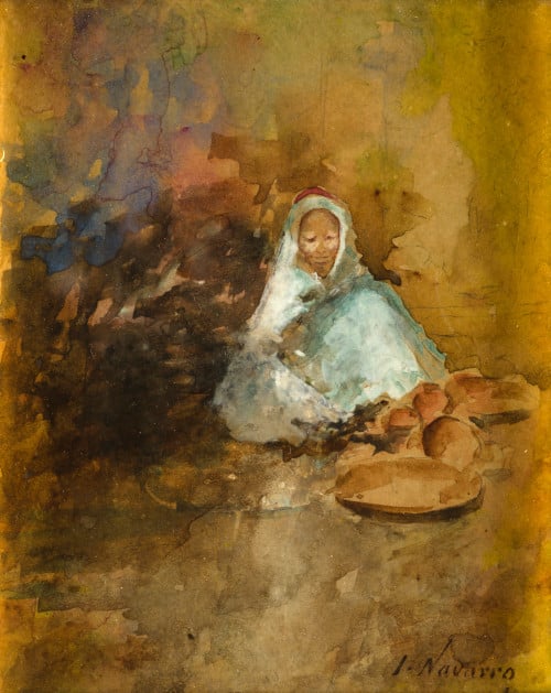 JOSÉ  NAVARRO LLORENS, "Árabe en la medina", Gouache sobre 