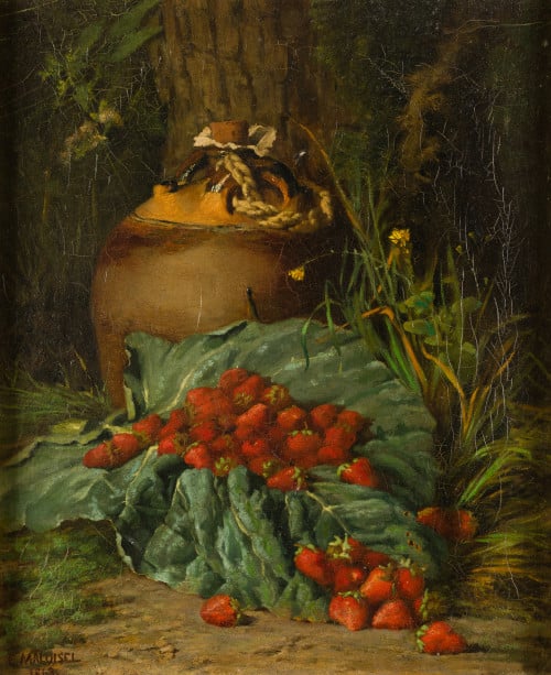 ESCUELA FRANCESA, "Bodegon de campo con fresas", 1863, Óleo