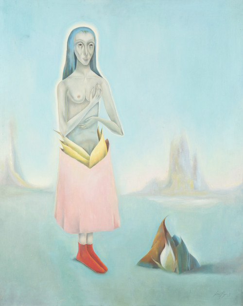 GABRIEL RIGO, "Mujer del paisaje azul", 1976, Óleo sobre li