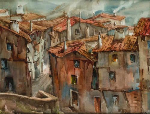 JOSE ANTONIO AZPILICUETA, "Pueblo", Watercolor on paper